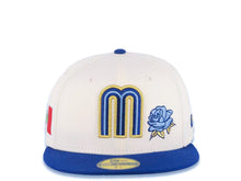 Load image into Gallery viewer, Mexico New Era WBC 59FIFTY 5950 Fitted Cap Hat Cream Crown Royal Blue Visor Royal/Metallic Gold/Sky Blue Logo With Rose Mexico Flag Side Patch
