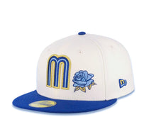 Load image into Gallery viewer, Mexico New Era WBC 59FIFTY 5950 Fitted Cap Hat Cream Crown Royal Blue Visor Royal/Metallic Gold/Sky Blue Logo With Rose Mexico Flag Side Patch
