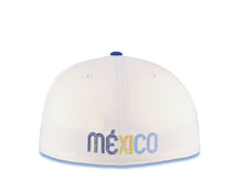 Load image into Gallery viewer, Mexico New Era WBC 59FIFTY 5950 Fitted Cap Hat Cream Crown Royal Blue Visor Royal/Metallic Gold/Sky Blue Logo With Rose Mexico Flag Side Patch
