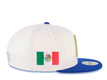 Load image into Gallery viewer, Mexico New Era WBC 59FIFTY 5950 Fitted Cap Hat Cream Crown Royal Blue Visor Royal/Metallic Gold/Sky Blue Logo With Rose Mexico Flag Side Patch
