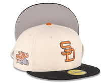 Load image into Gallery viewer, San Diego Padres New Era MLB 59FIFTY 5950 Fitted Cap Hat Cream Crown Black Visor Metallic Brown/Gold Cooperstown Logo 1984 World Series Side Patch
