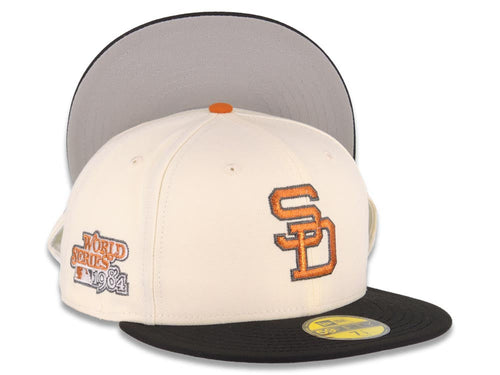 San Diego Padres New Era MLB 59FIFTY 5950 Fitted Cap Hat Cream Crown Black Visor Metallic Brown/Gold Cooperstown Logo 1984 World Series Side Patch