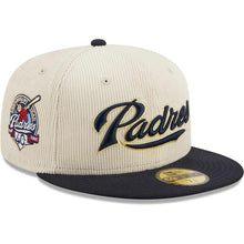 Load image into Gallery viewer, San Diego Padres New Era MLB 59FIFTY 5950 Fitted Cap Hat Cream Crown Navy Visor Navy/Gold Script Logo 40th Anniversary Side Patch Corduroy Classic
