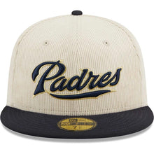 Load image into Gallery viewer, San Diego Padres New Era MLB 59FIFTY 5950 Fitted Cap Hat Cream Crown Navy Visor Navy/Gold Script Logo 40th Anniversary Side Patch Corduroy Classic
