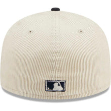 Load image into Gallery viewer, San Diego Padres New Era MLB 59FIFTY 5950 Fitted Cap Hat Cream Crown Navy Visor Navy/Gold Script Logo 40th Anniversary Side Patch Corduroy Classic
