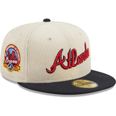 Atlanta Braves New Era MLB 59FIFTY 5950 Fitted Cap Hat Cream Crown Dark Navy Visor Red/Navy Script Logo 40th Anniversary Side Patch Corduroy Classic