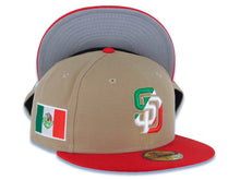 Load image into Gallery viewer, San Diego Padres New Era MLB 59FIFTY 5950 Fitted Cap Hat Khaki Crown Red Visor Green/White/Red Logo Mexico Flag Side Patch
