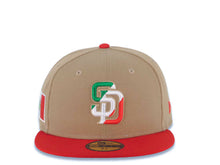 Load image into Gallery viewer, San Diego Padres New Era MLB 59FIFTY 5950 Fitted Cap Hat Khaki Crown Red Visor Green/White/Red Logo Mexico Flag Side Patch
