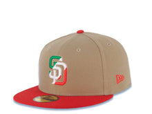 Load image into Gallery viewer, San Diego Padres New Era MLB 59FIFTY 5950 Fitted Cap Hat Khaki Crown Red Visor Green/White/Red Logo Mexico Flag Side Patch
