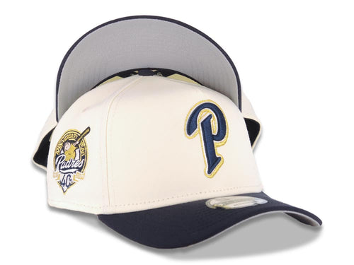 San Diego Padres New Era MLB 9FORTY 940 Adjustable A-Frame Snapback Cap Hat Cream Crown Navy Blue Visor Navy/Metallic Gold Logo 40th Anniversary Patch