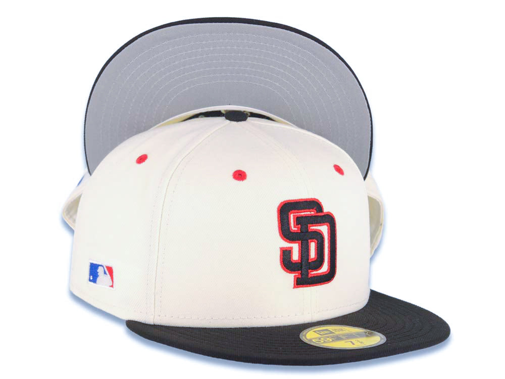 San Diego Padres New Era MLB 59FIFTY 5950 Fitted Cap Hat Cream Crown Black Visor Black/Red Logo Batterman Batty Side Patch Gray Logo