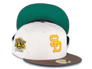 San Diego Padres New Era MLB 59FIFTY 5950 Fitted Cap Hat Cream Crown Brown Visor Gold/Orange Cooperstown Logo Stadium Side Patch Green UV
