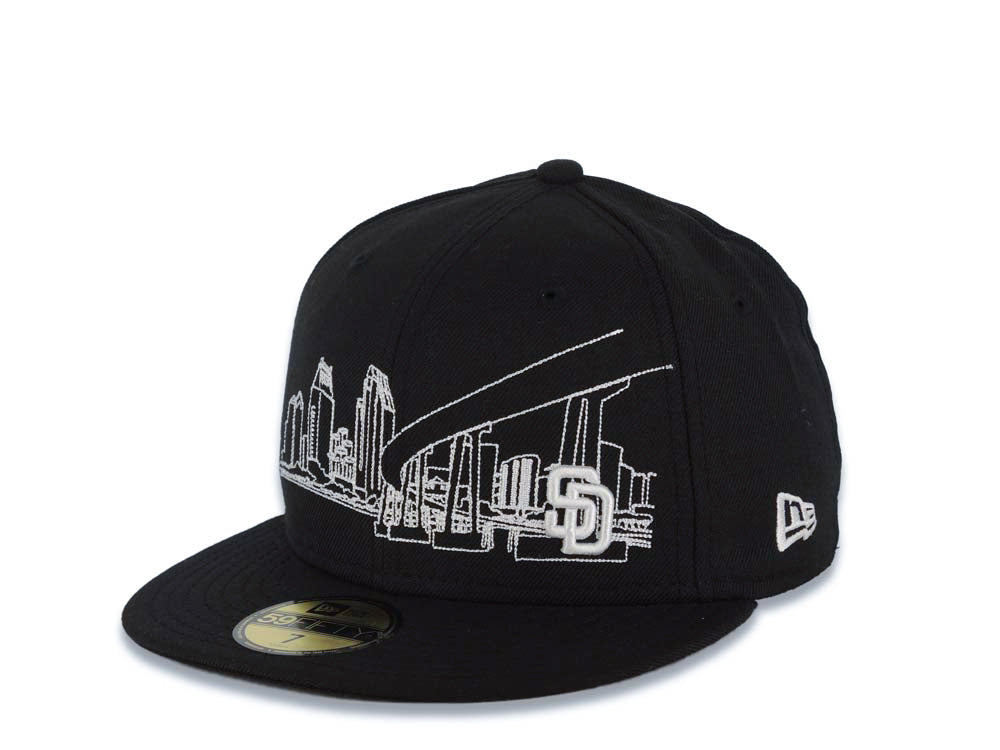 San Diego Padres New Era MLB 59FIFTY 5950 Fitted Cap Hat Black Crown/Visor White Flawless City Scape Logo