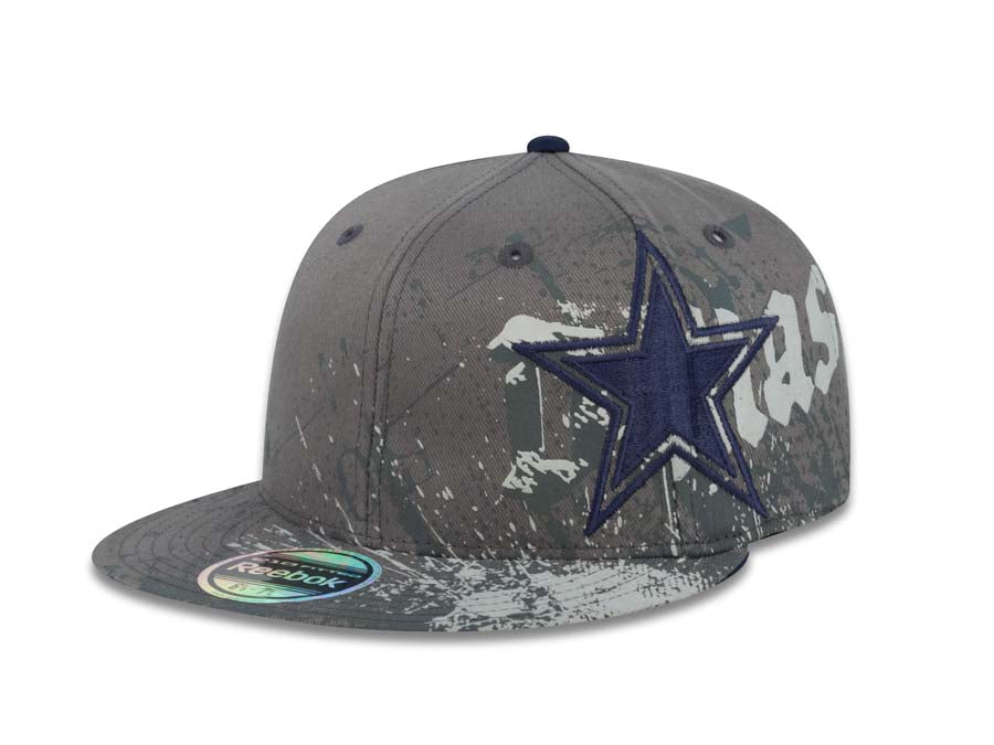 Dallas Cowboys Reebok NFL Flat Visor Flexfit Cap Hat Gray Crown/Visor Blue Side Logo With Screen Printed Paint Splatter