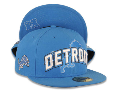 Detroit Lions New Era NFL 59FIFTY 5950 Fitted Sideline Cap Hat Sky Blue Crown/Visor White/Sky Blue Text Logo