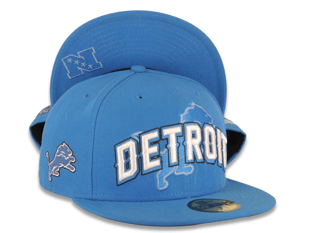 Detroit Lions New Era NFL 59FIFTY 5950 Fitted Sideline Cap Hat Sky Blue Crown/Visor White/Sky Blue Text Logo