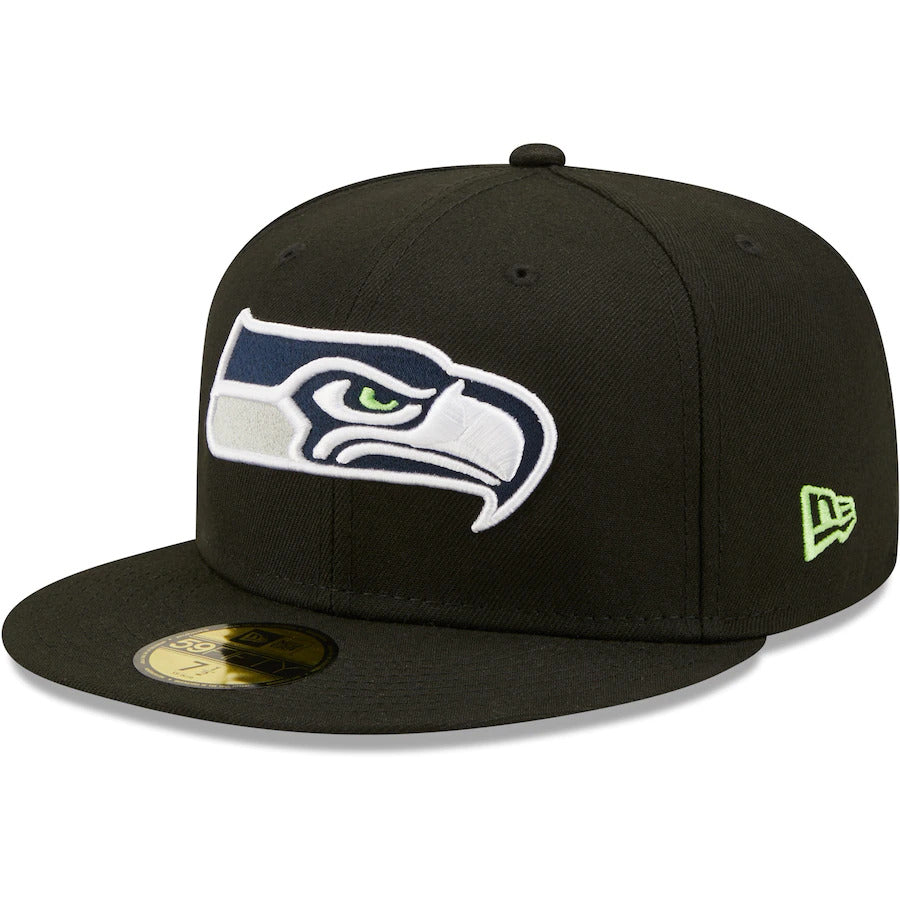 Seattle Seahawks New Era NFL 59FIFTY 5950 Fitted Cap Hat Black Crown/Visor Team Color Logo 