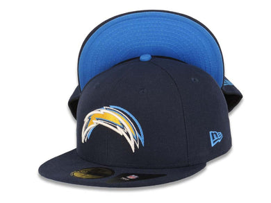 San Diego Chargers New Era NFL 59Fifty 5950 Fitted Cap Hat Navy Blue Crown/Visor Team Color Staggered Logo (Illusion) Sky Blue UV