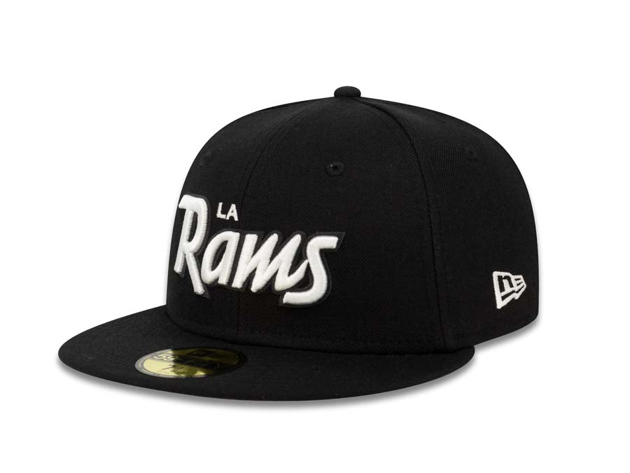 Los Angeles Rams New Era NFL 59FIFTY 5950 Fitted Cap Hat Black Crown/Visor White Script Logo