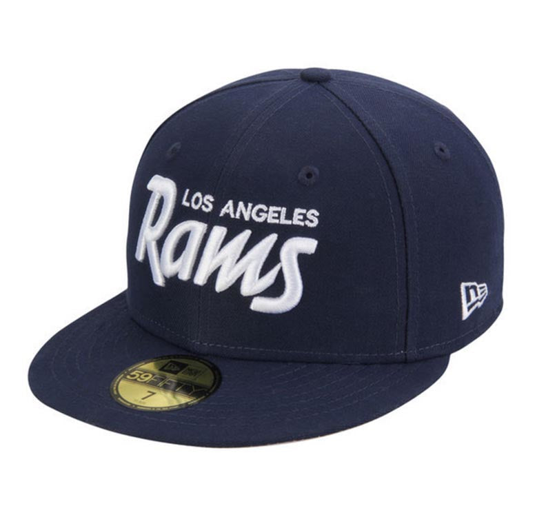 Los Angeles Rams New Era NFL 59FIFTY 5950 Fitted Cap Hat Navy Blue Crown/Visor White Text/Script Logo