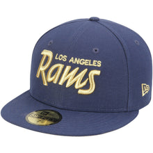 Load image into Gallery viewer, Los Angeles Rams New Era NFL 59FIFTY 5950 Fitted Cap Hat Navy Blue Crown/Visor Metallic Gold Text/Script Logo
