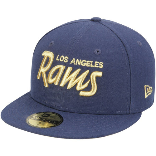 Los Angeles Rams New Era NFL 59FIFTY 5950 Fitted Cap Hat Navy Blue Crown/Visor Metallic Gold Text/Script Logo