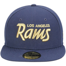 Load image into Gallery viewer, Los Angeles Rams New Era NFL 59FIFTY 5950 Fitted Cap Hat Navy Blue Crown/Visor Metallic Gold Text/Script Logo
