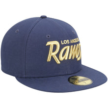 Load image into Gallery viewer, Los Angeles Rams New Era NFL 59FIFTY 5950 Fitted Cap Hat Navy Blue Crown/Visor Metallic Gold Text/Script Logo
