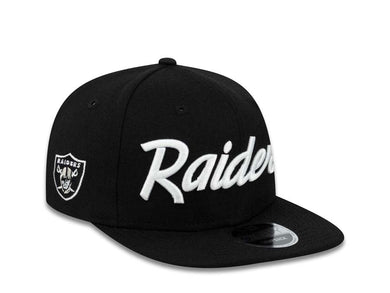 Oakland Raiders New Era 9FIFTY 950 Original Fit Snapback Cap Hat Black Crown/Visor White Script Logo Team Logo Side Patch