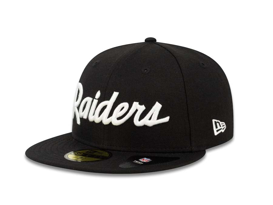 Oakland Raiders New Era 59FIFTY 5950 Fitted Cap Hat Black Crown/Visor White Script Logo