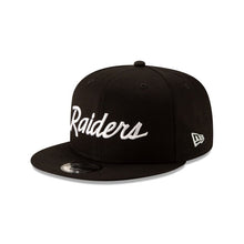 Load image into Gallery viewer, Raiders New Era 9FIFTY 950 Snapback Cap Hat Black Crown/Visor White Text Logo 
