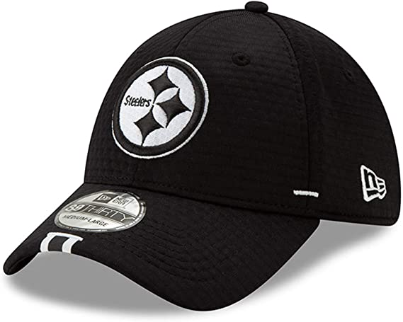 Pittsburgh Steelers New Era 39THIRTY 3930 Flexfit 2018 Training Cap Hat Black Crown/Visor Black/White Logo