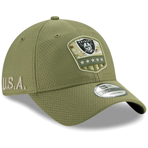 Oakland Raiders New Era NFL 9TWENTY 920 Adjustable 2019 Salute To Service Cap Hat Olive Crown/Visor Team Color  Logo