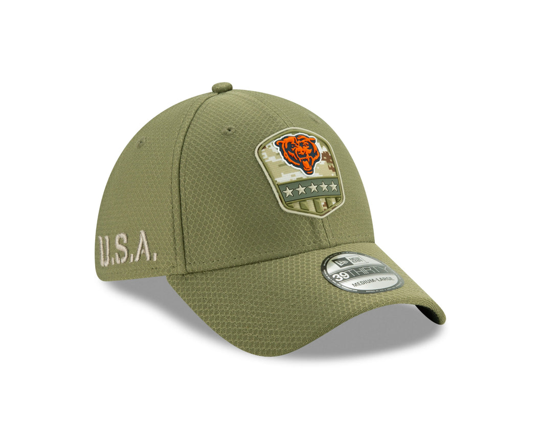 Chicago Bears New Era NFL 39THIRTY 3930 Flexfit 2019 Salute To Service Cap Hat Olive Crown/Visor Team Color Logo 