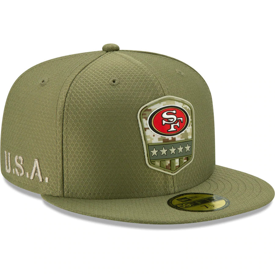 San Francisco 49ers New Era NFL 59FIFTY 5950 Fitted 2019 Salute To Service Cap Hat Olive Crown/Visor Team Color Logo 