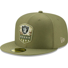 Load image into Gallery viewer, Oakland Raiders New Era NFL 59FIFTY 5950 Fitted 2019 Salute To Service Cap Hat Olive Crown/Visor Team Color Logo
