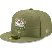 Load image into Gallery viewer, Kansas City Chiefs New Era NFL 59FIFTY 5950 Fitted 2019 Salute To Service Cap Hat Olive Crown/Visor Team Color Logo
