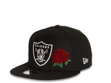 Load image into Gallery viewer, New Era NFL 9Fifty 950 Snapback Las Vegas Raiders Cap Hat Black Crown White/Black Logo with Rose Black UV
