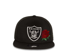 Load image into Gallery viewer, New Era NFL 9Fifty 950 Snapback Las Vegas Raiders Cap Hat Black Crown White/Black Logo with Rose Black UV
