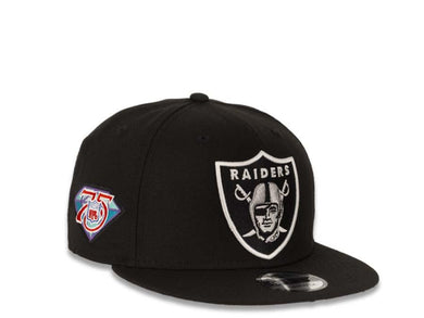 New Era NFL 9Fifty 950 Snapback Las Vegas Raiders Cap Hat Black Crown White/BlackLogo 75th Anniversary Side Patch Gray UV