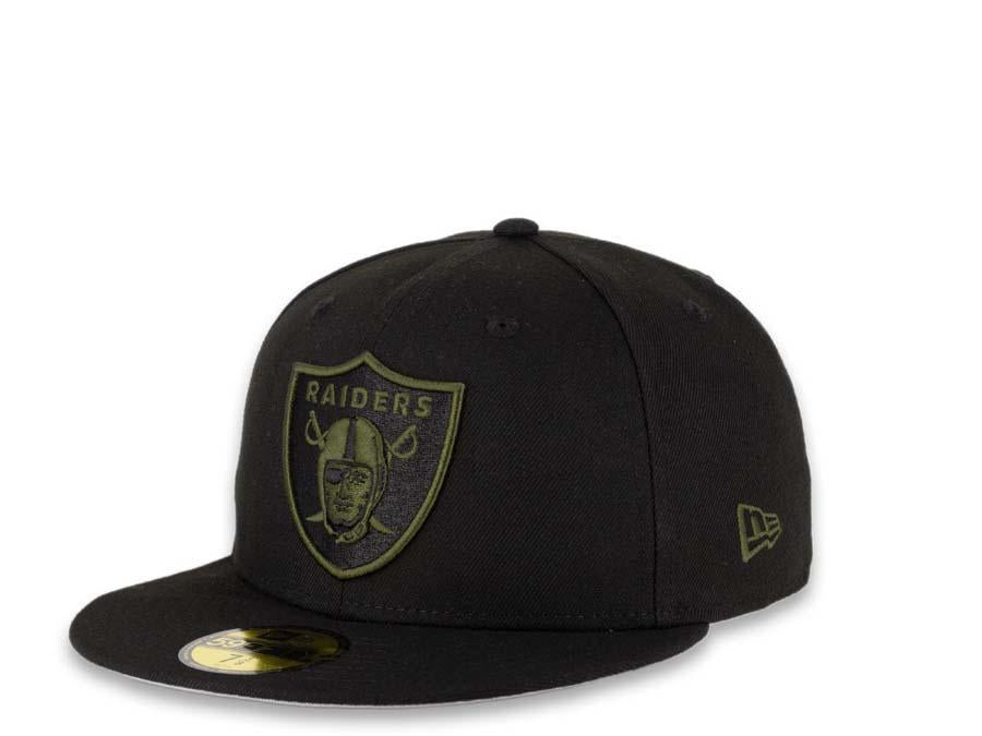 New Era NFL 59Fifty 5950 Fitted Las Vegas Raiders Cap Hat Black Crown Olive/Black Logo Gray UV