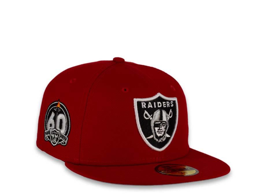 New Era NFL 59Fifty 5950 Fitted Las Vegas Raiders Cap Hat Red Crown White/Black Logo 60th Anniversary Side Patch Gray UV
