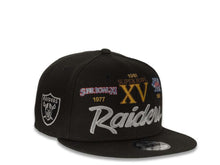Load image into Gallery viewer, Las Vegas Raiders New Era NFL 9Fifty 950 Snapback Cap Hat Black Crown/Visor Gray/White Script Logo with Multiple Supe Bowl Patches (Supe Bowl Retro Script)
