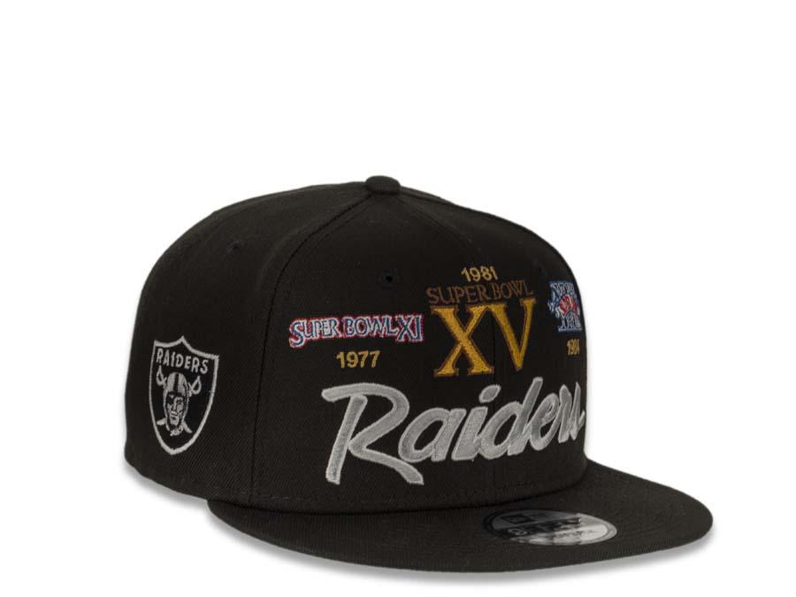 Las Vegas Raiders New Era NFL 9Fifty 950 Snapback Cap Hat Black Crown/Visor Gray/White Script Logo with Multiple Supe Bowl Patches (Supe Bowl Retro Script)