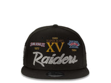 Load image into Gallery viewer, Las Vegas Raiders New Era NFL 9Fifty 950 Snapback Cap Hat Black Crown/Visor Gray/White Script Logo with Multiple Supe Bowl Patches (Supe Bowl Retro Script)
