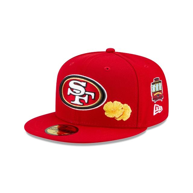 San Francisco 49ers New Era NFL 59Fifty 5950 Fitted Hat Red Crown/Visor Team Color Logo with Multiple Patches Gray UV (City Transit)