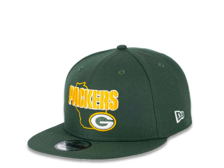 Green Bay Packers New Era NFL 9FIFTY 950 Snapback Cap Hat Green Crown/Visor Green/Yellow Logo with State Map (Logo State)