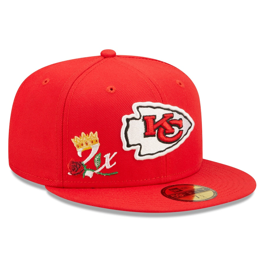 Kansas City Chiefs New Era NFL 59FIFTY 5950 Fitted Cap Hat Red Crown/Visor Team Color Logo 2x Crown Rose (Crown Champs)