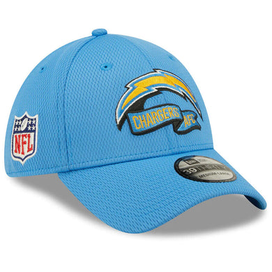 Los Angeles Chargers New Era NFL 39THIRTY 3930 Flexfit Coach Cap Hat Sky Blue Crown/Visor Glisten Team Color Logo (2022 Sideline)