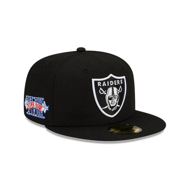 Las Vegas Raiders New Era 59FIFTY 5950 Fitted Cap Hat Black Crown/Visor Team Color Logo 2018 Super Bowl Side Patch Gray UV